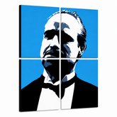 Ročno poslikana slika POP Art Marlon Brando 4 deli mb4 – 3D vizualizacija ročno poslikanega platna na belem ozadju. Prevladujoče barve: modra, črna, bela.