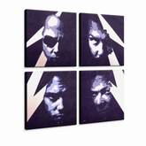 Ročno poslikana slika POP Art METALLICA 4 kosi kovine – 3D vizualizacija ročno poslikanega platna na belem ozadju. Prevladujoče barve: vijolična, modra, črna, bež, bela.