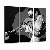 Ročno poslikana slika POP Art Miles Davis 3 kosi md – 3D vizualizacija ročno poslikanega platna na belem ozadju. Prevladujoče barve: črna, bela, siva.