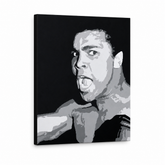 Ročno poslikana slika POP Art Muhamad Ali 1 kos ali – 3D vizualizacija ročno poslikanega platna na belem ozadju. Prevladujoče barve: črna, siva, bela.