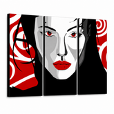 Ročno poslikana slika POP Art Nice WOMAN 3 kosi nwoman – 3D vizualizacija ročno poslikanega platna na belem ozadju. Prevladujoče barve: črna, rdeča, bela.