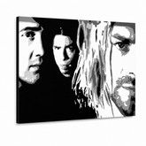 Ročno poslikana slika POP Art Nirvana 1 kos nir – 3D vizualizacija ročno poslikanega platna na belem ozadju. Prevladujoče barve: črna, bela, siva.