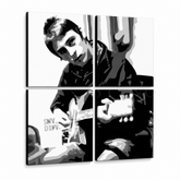 Ročno poslikana slika POP Art Paul Weller 4 kosi pwl – 3D vizualizacija ročno poslikanega platna na belem ozadju. Prevladujoče barve: črna, bela, siva.