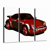Ročno poslikana slika POP Art PORSCHE 911 3 kosi por2 – 3D vizualizacija ročno poslikanega platna na belem ozadju. Prevladujoče barve: rdeča, črna, bela.