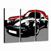 Ročno poslikana slika POP Art PORSCHE 911 3 kosi por5 – 3D vizualizacija ročno poslikanega platna na belem ozadju. Prevladujoče barve: črna, rdeča, siva.
