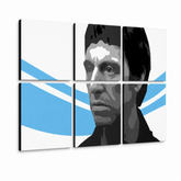 Ročno poslikana slika POP Art Scarface - AL PACINO 6 kosov al40 – 3D vizualizacija ročno poslikanega platna na belem ozadju. Prevladujoče barve: črna, modra, bela.