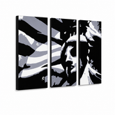 Ročno poslikana slika POP Art Statue of Liberty 3 kosi fs2 – 3D vizualizacija ročno poslikanega platna na belem ozadju. Prevladujoče barve: črna, bela, siva.