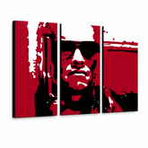 Ročno poslikana slika POP Art Terminator 3 kosi ter2 – 3D vizualizacija ročno poslikanega platna na belem ozadju. Prevladujoče barve: rdeča, črna, siva.