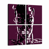 Ročno poslikana slika POP Art TERMINATOR 4 kosi ter – 3D vizualizacija ročno poslikanega platna na belem ozadju. Prevladujoče barve: črna, bela, vijolična.