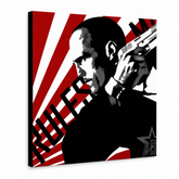 Ročno poslikana slika POP Art THE TRANSPORTER - Courier 1 del kur2 – 3D vizualizacija ročno poslikanega platna na belem ozadju. Prevladujoče barve: rdeča, črna, bela.