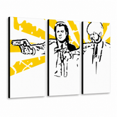 Ročno poslikana umetniška slika POP Art Pulp fiction 3 kosi pulp2 – 3D vizualizacija ročno poslikanega platna na belem ozadju. Prevladujoče barve: rumena, črna, bela.