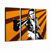 Ročno poslikano POP Art slikarstvo Clint Eastwood 3 deli ce – 3D vizualizacija ročno poslikanega platna na belem ozadju. Prevladujoče barve: oranžna, rjava, črna.