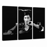 Ročno poslikano slikarstvo POP Art AL PACINO 3 kos al16 – 3D vizualizacija ročno poslikanega platna na belem ozadju. Prevladujoče barve: črna, siva, bela.
