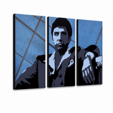 Ročno poslikano slikarstvo POP Art AL PACINO 3 kos al19 – 3D vizualizacija ročno poslikanega platna na belem ozadju. Prevladujoče barve: modra, črna, bela.