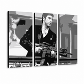 Ročno poslikano slikarstvo POP Art AL PACINO 3 kos al2 – 3D vizualizacija ročno poslikanega platna na belem ozadju. Prevladujoče barve: črna, siva, bela.