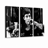 Ročno poslikano slikarstvo POP Art AL PACINO 3 kos al22 – 3D vizualizacija ročno poslikanega platna na belem ozadju. Prevladujoče barve: črna, siva, bela.