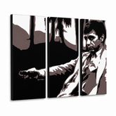 Ročno poslikano slikarstvo POP Art AL PACINO 3 kos al24 – 3D vizualizacija ročno poslikanega platna na belem ozadju. Prevladujoče barve: črna, rjava, bela, siva.