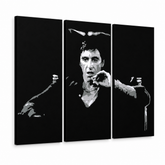 Ročno poslikano slikarstvo POP Art AL PACINO 3 kos al27 – 3D vizualizacija ročno poslikanega platna na belem ozadju. Prevladujoče barve: črna, siva, bela.