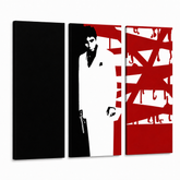 Ročno poslikano slikarstvo POP Art AL PACINO 3 kos al33 – 3D vizualizacija ročno poslikanega platna na belem ozadju. Prevladujoče barve: črna, bela, rdeča.