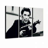 Ročno poslikano slikarstvo POP Art AL PACINO 3 kos al4 – 3D vizualizacija ročno poslikanega platna na belem ozadju. Prevladujoče barve: črna, bela, siva.