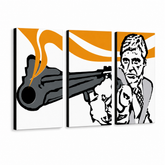 Ročno poslikano slikarstvo POP Art AL PACINO 3 kos al7 – 3D vizualizacija ročno poslikanega platna na belem ozadju. Prevladujoče barve: črna, oranžna, bela, siva.