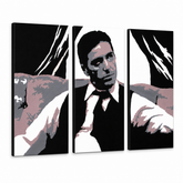 Ročno poslikano slikarstvo POP Art AL PACINO 3 kosi al11 – 3D vizualizacija ročno poslikanega platna na belem ozadju. Prevladujoče barve: črna, siva, rožnata, bela, rjava.