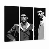 Ročno poslikano slikarstvo POP Art AL PACINO 3 kosi al31 – 3D vizualizacija ročno poslikanega platna na belem ozadju. Prevladujoče barve: črna, bela, siva.