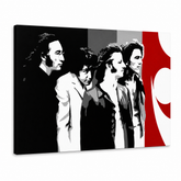 Ročno poslikano slikarstvo POP Art BEATLES 1 kos beat7 – 3D vizualizacija ročno poslikanega platna na belem ozadju. Prevladujoče barve: črna, bela, rdeča, siva.