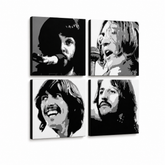Ročno poslikano slikarstvo POP Art BEATLES 4 kosi bea4 – 3D vizualizacija ročno poslikanega platna na belem ozadju. Prevladujoče barve: črna, bela, siva.