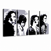 Ročno poslikano slikarstvo POP Art Beatles 4 kosi bea5 – 3D vizualizacija ročno poslikanega platna na belem ozadju. Prevladujoče barve: črna, siva, bela, zlata.