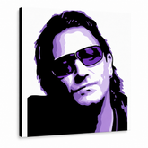 Ročno poslikano slikarstvo POP Art Bono-U2 1 kos bono3 – 3D vizualizacija ročno poslikanega platna na belem ozadju. Prevladujoče barve: črna, vijolična, bela.