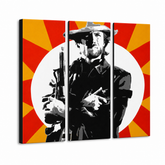 Ročno poslikano slikarstvo POP Art Clint Eastwood 3 kosi ce2 – 3D vizualizacija ročno poslikanega platna na belem ozadju. Prevladujoče barve: črna, rumena, rdeča, bela.