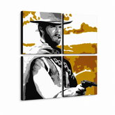 Ročno poslikano slikarstvo POP Art Clint Eastwood 3 kosi ce3 – 3D vizualizacija ročno poslikanega platna na belem ozadju. Prevladujoče barve: črna, oranžna, bela, siva, rjava.
