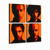 Ročno poslikano slikarstvo POP Art Coldplay 4 kosi cp2 – 3D vizualizacija ročno poslikanega platna na belem ozadju. Prevladujoče barve: črna, oranžna, rdeča.