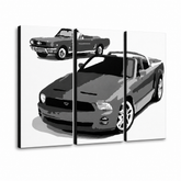 Ročno poslikano slikarstvo POP Art FORD MUSTANG 3 kosi fm2 – 3D vizualizacija ročno poslikanega platna na belem ozadju. Prevladujoče barve: črna, bela, siva.