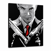 Ročno poslikano slikarstvo POP Art HITMAN 1 del hit2 – 3D vizualizacija ročno poslikanega platna na belem ozadju. Prevladujoče barve: črna, bela, rdeča, siva, rjava.