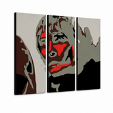 Ročno poslikano slikarstvo POP Art Ian Brown 3 kosi – 3D vizualizacija ročno poslikanega platna na belem ozadju. Prevladujoče barve: črna, rdeča, siva, rjava, bela.