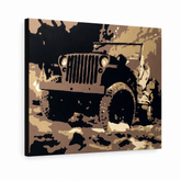 Ročno poslikano slikarstvo POP Art JEEP 1 kos jeep – 3D vizualizacija ročno poslikanega platna na belem ozadju. Prevladujoče barve: rjava, črna, bež, zlata.