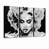 Ročno poslikano slikarstvo POP Art MADONNA 3 kosi ma2 – 3D vizualizacija ročno poslikanega platna na belem ozadju. Prevladujoče barve: črna, siva, bela.