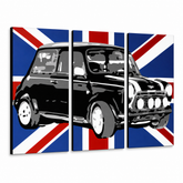 Ročno poslikano slikarstvo POP Art MINI COOPER 3 kosi mini2 – 3D vizualizacija ročno poslikanega platna na belem ozadju. Prevladujoče barve: črna, modra, bela.