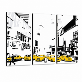 Ročno poslikano slikarstvo POP Art NEW YORK 3 kos 0107 nyc – 3D vizualizacija ročno poslikanega platna na belem ozadju. Prevladujoče barve: rumena, črna, bela.