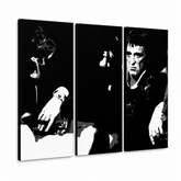 Ročno poslikano slikarstvo POP Art SCARFACE-AL PACINO 6 kosov al5 – 3D vizualizacija ročno poslikanega platna na belem ozadju. Prevladujoče barve: črna, bela.