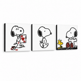 Ročno poslikano slikarstvo POP Art SNOOPY 3 kosi snoopy – 3D vizualizacija ročno poslikanega platna na belem ozadju. Prevladujoče barve: črna, rdeča, rumena.