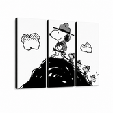 Ročno poslikano slikarstvo POP Art SNOOPY 3 kosi snoopy2 – 3D vizualizacija ročno poslikanega platna na belem ozadju. Prevladujoče barve: črna, bela.