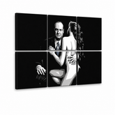 Ročno poslikano slikarstvo POP Art SOPRANOS 6 kosov sop2 – 3D vizualizacija ročno poslikanega platna na belem ozadju. Prevladujoče barve: črna, bela, modra.