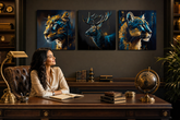 Papilora set 3 slik Safari Gold – Jaguar, Jelen, Puma – premium platno gallery-wrap v elegantni delovni sobi, zlata stenska umetnost.