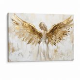 Moderna slika ženske figure z angelskimi krili v profilu, 3D vizualizacija napetega platna na lesenem okvirju, Papilora Premium Art.