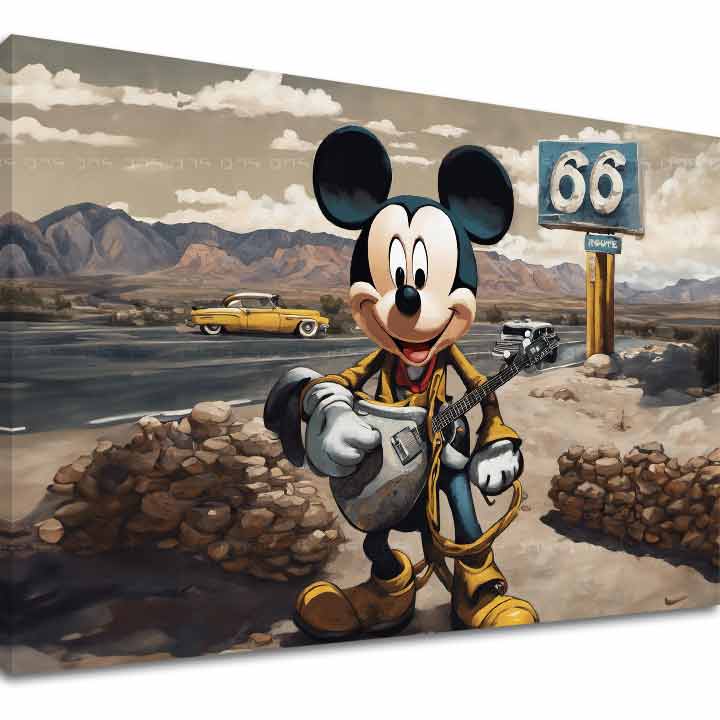Slika na platnu z motivom Miki Miška z kitaro na Route 66 – 3D prikaz platna z vidnim lesenim okvirjem, Papilora.