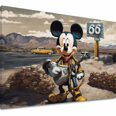 Slika na platnu z motivom Miki Miška z kitaro na Route 66 – 3D prikaz platna z vidnim lesenim okvirjem, Papilora.