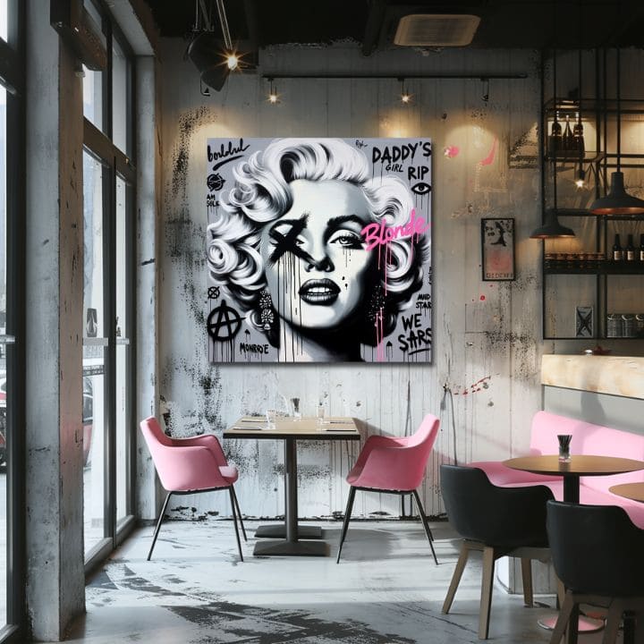 Slika na platnu z motivom Marilyn Monroe v pop art slogu obešena v sodobnem stilskem interjerju nad leseno konzolo z vazo in svečo, Papilora.